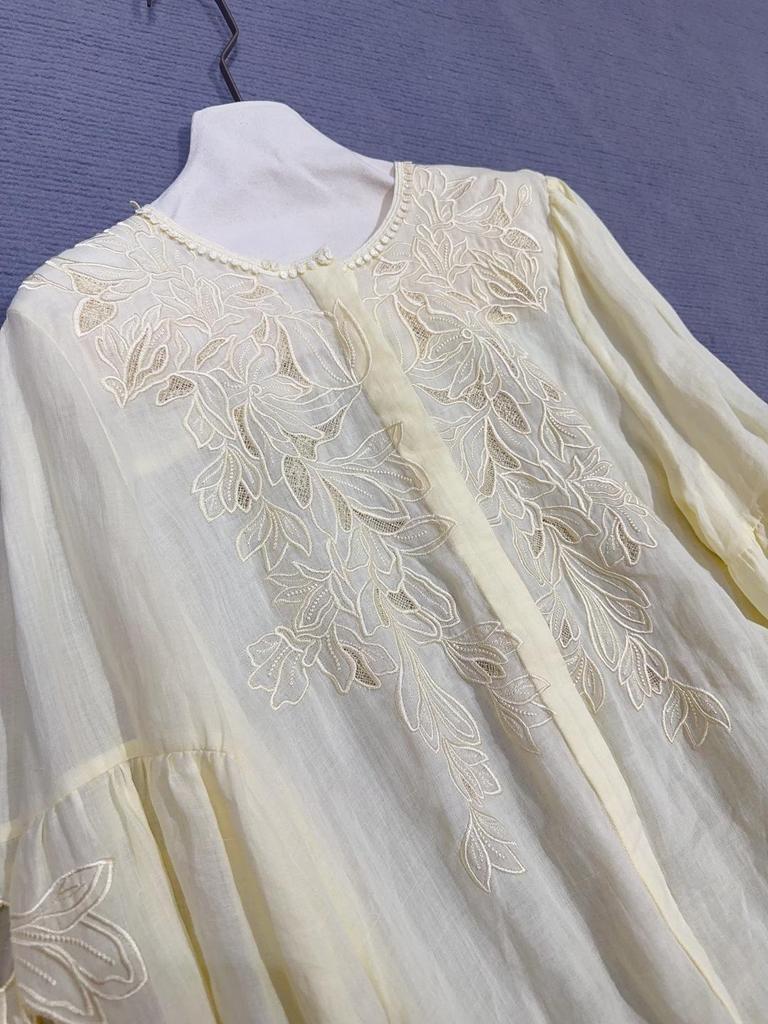 Spring 2026 French Embroidery Linen Shirt with Lantern Sleeves - Casual Vacation Style