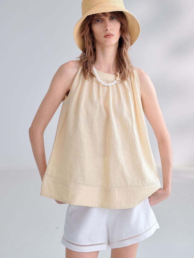 Pure Linen Neck Top Summer Design Round Neck Sleeveless Vest French Temperament Commuter A-pendulum Halter Top