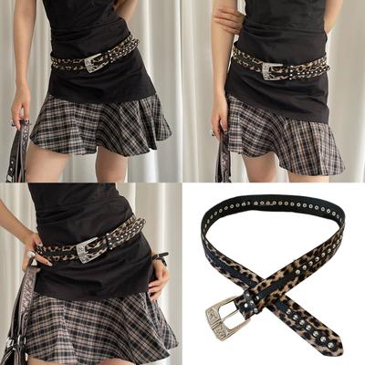 Edgy Rivets Waistband Leopard Pattern PU Belt Retro 2000s Punk Rock Waist Cincher Accessory for Jeans and Dresses