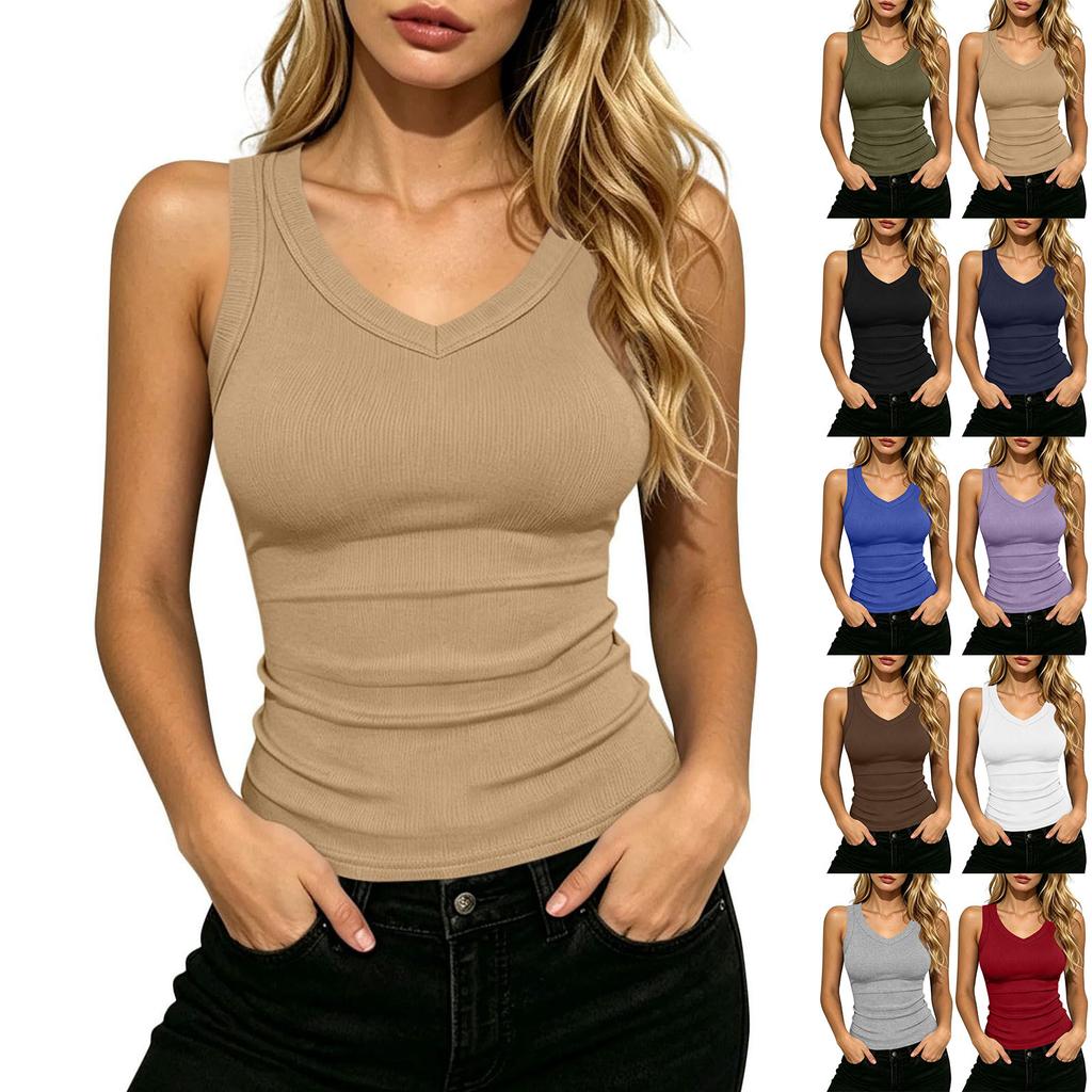Women’s Ribbed Knit Tank Top Wide Shoulder Strap V Neck Sleeveless Casual Fitted Camisole for Everyday Wear