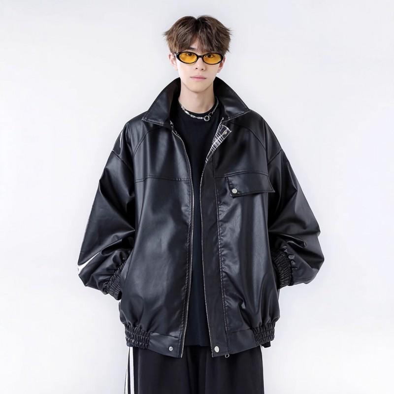 Reversible PU Leather Jacket Men Women Loose Fit Plaid Couple Coat American Style Streetwear Top