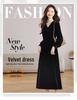 Genuine Velvet V-Neck Slim Long Dress for Women - French Chic Style
