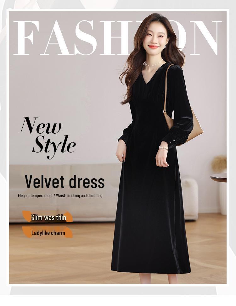 Genuine Velvet V-Neck Slim Long Dress for Women - French Chic Style