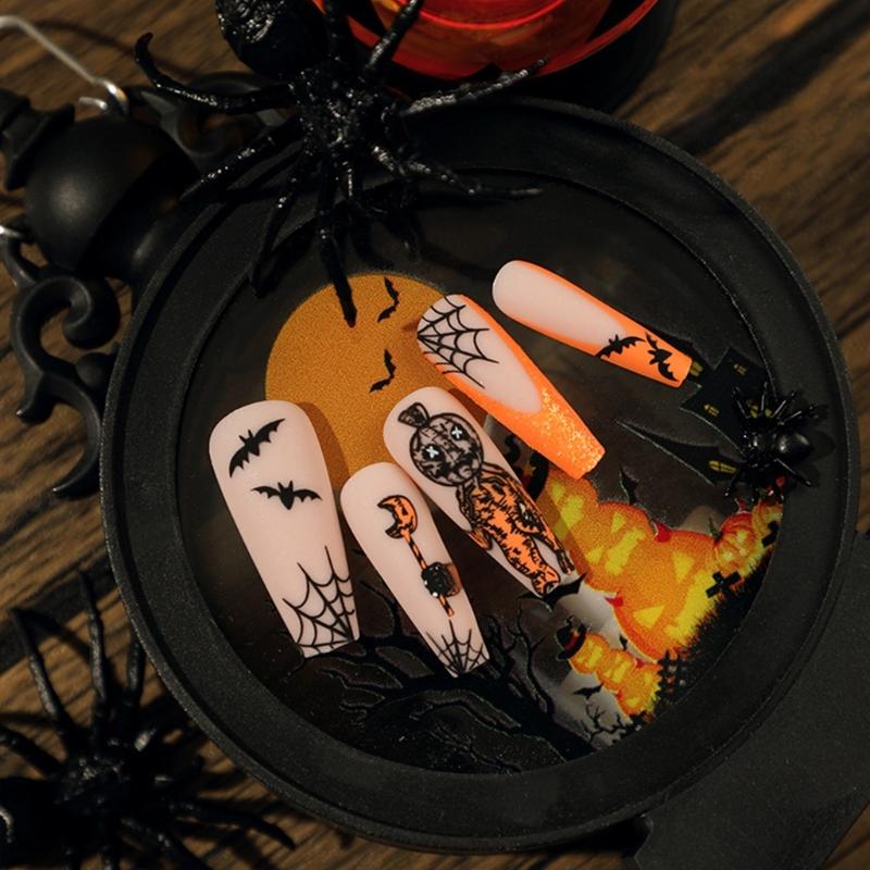 1 Sheet Coffin Press on Nails French Fake Nails Tips Full Cover Acrylic Nails Glossy Horrible Halloween False Nails