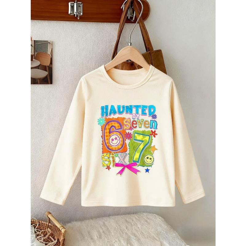 Unisex Kids White Long Sleeve Tee For 4-12 Boys Girls Colorful Retro HAUNTED BY SIX SEVEN Number 67 Smiley Flower Bow Star Collage Print Long Sleeve