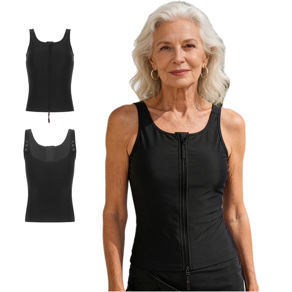 Women‘s Adaptive Swim Tank Zip Front Vest Sleeveless Press Button Straps with Removable Chest Pads for Pool Beach Activity