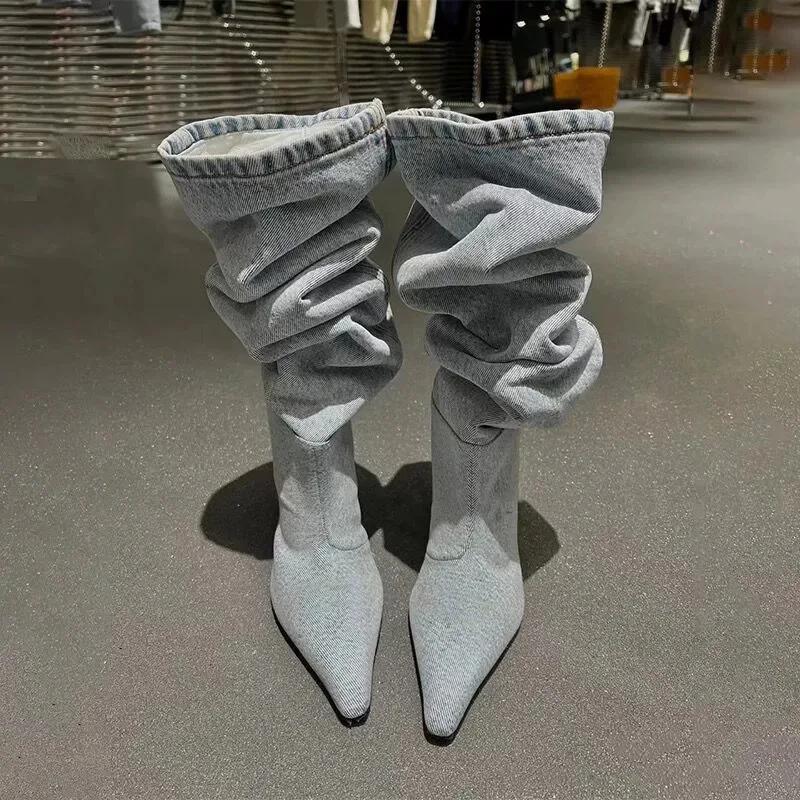 High Heel Long Tube Over Knee Folded Booties Women's Boots Autumn Winter Fashionable Sharp Pointed Toe Skinny Heel Jeans Boots
