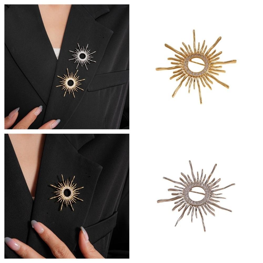 Banquet Long Hollow Sun Pin Corsage Ornament Metal Glossy Brooch Zircon Sun Brooch  Western Clothes