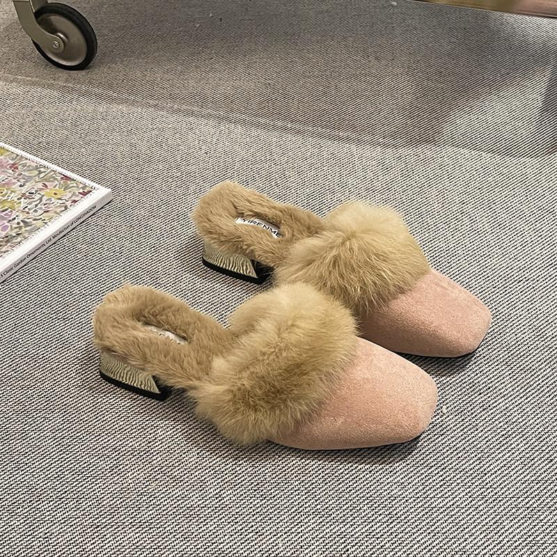 New Spring Faux Fur Women Mules Slippers Fashion Leopard Cover Toe Slide Ladies Elegant Low Heel Dress Slip On Shoes