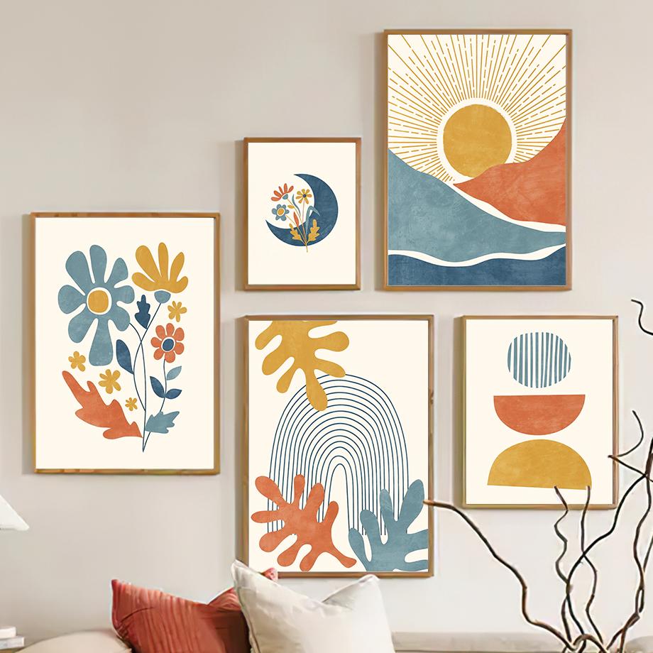 Boho Sonne Blätter Linie Regenbogen Blume Geometrie Abstrakt Poster Drucke Leinwand Malerei Wandkunst Bilder Für Wohnzimmer Dekor