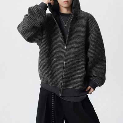 Modne Płaszcze z Kapturem i Zamkiem Błyskawicznym Męska Odzież Casualowa Luźna Jesień Zima Nowy Młodzieżowy Styl Długi Rękaw Amerykańskie Retro Kurtki