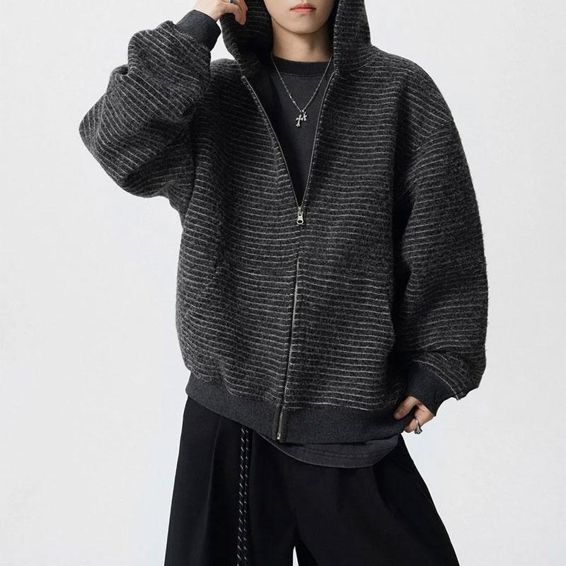 

Модные полосатые куртки на молнии с капюшоном Мужская одежда Повседневные свободные Осенне-зимние Новые Молодежные Стильные Куртки с длинным рукавом Американский Ретро S чёрный