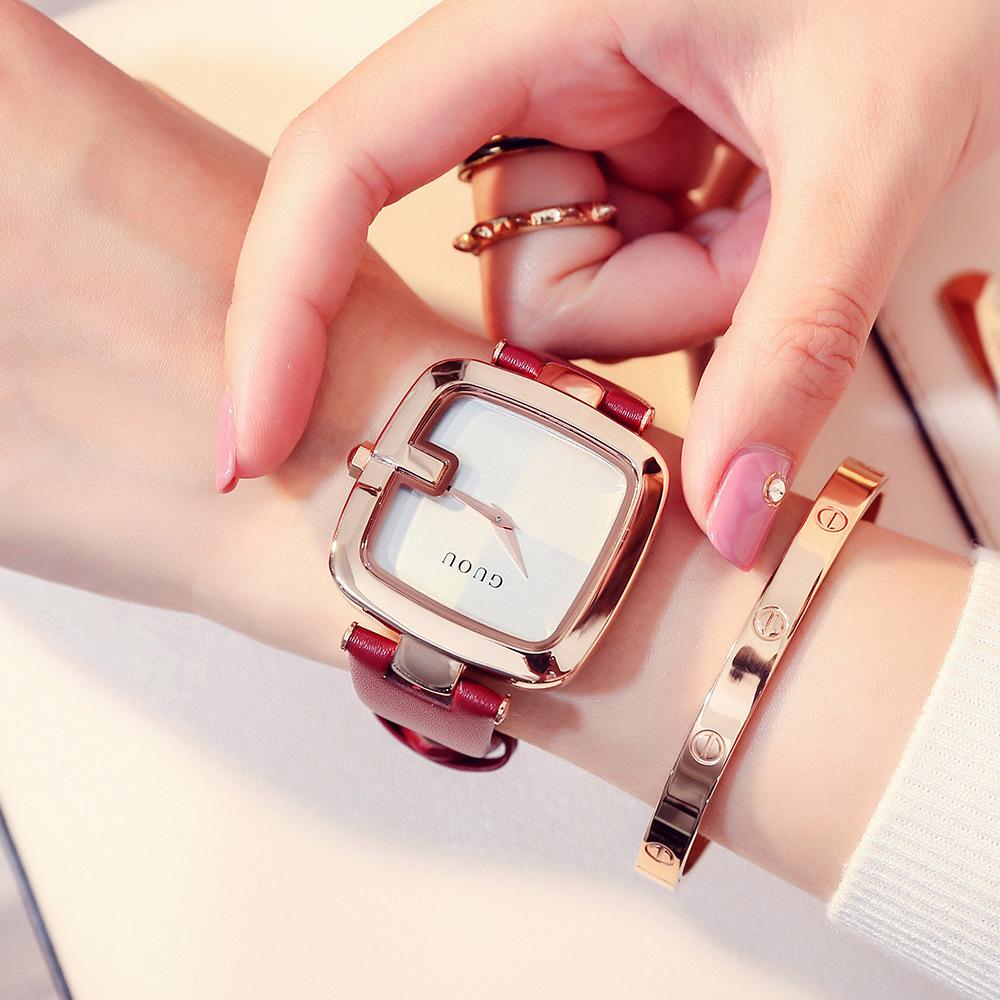 

Простые персонализированные квадратные часы, модные женские часы, кварцевые часы из натуральной кожи для женщин