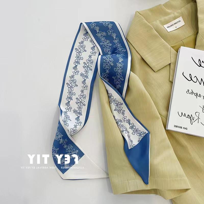 Small White And Tender Green Silk Scarf For Women, Thin Streamer, Headband, Hair Tie, Bag Decoration Long