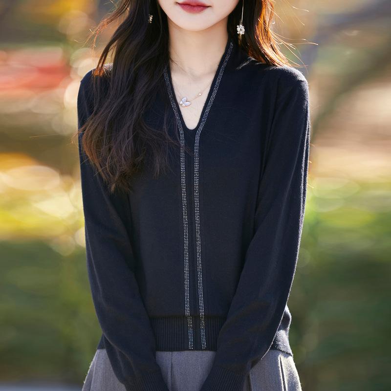 

Женская трикотажная базовая рубашка с V-образным вырезом и горячими бриллиантами, новинка весны и осени, свободный и тонкий женский свитер XXL чёрный