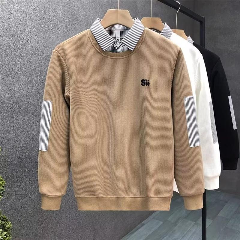 Men's Fake Two-Piece Sweatshirt Striped Shirt Collar Knit Pullover Casual Long Sleeve Top For Daily Wear