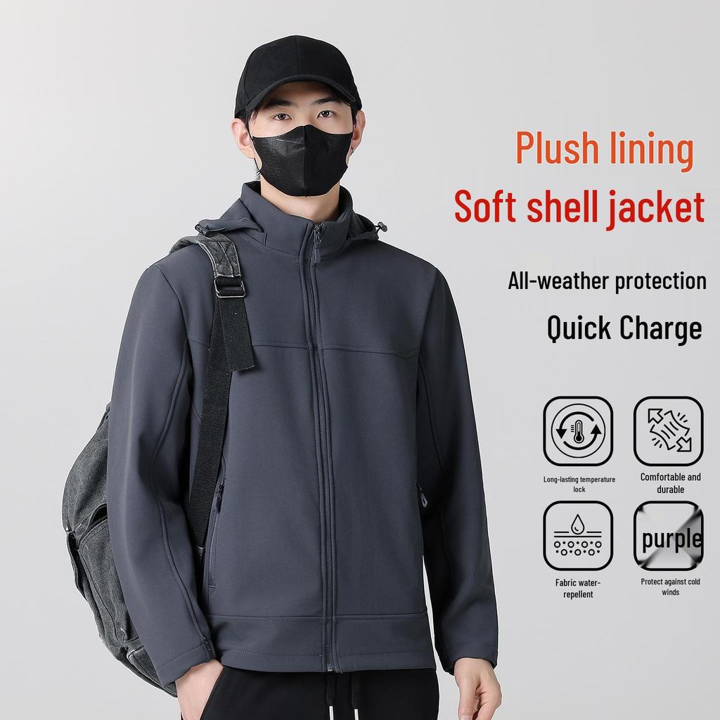 Men's Winter Softshell Jacket with Detachable Hood, Fleece-Lined, Windproof, and Warm - Plus Size Available