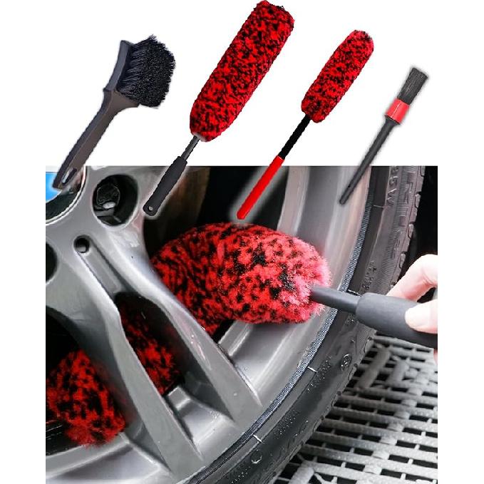 Professional 4 Pack Long Handle Wheel Brush Kit For Cleaning Wheel And Tire- 2X Soft Wheel Cleaning Brush, Detailing Brush And Stiff Tire Brush,