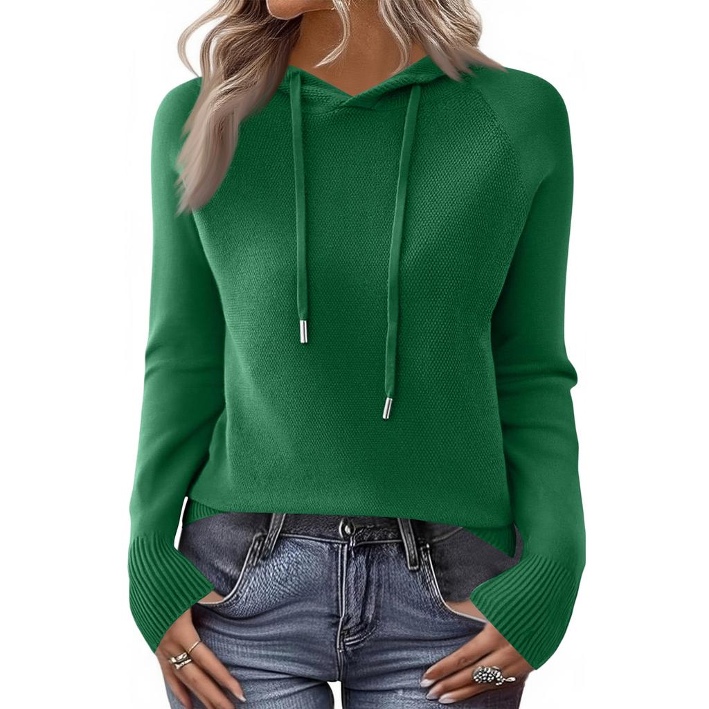Ladies' Casual Solid Color Knitted Raglan Hooded Sweatshirt