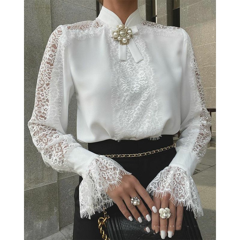 Women Long Sleeved Top Lace Patchwork Flared Sleeves Tops