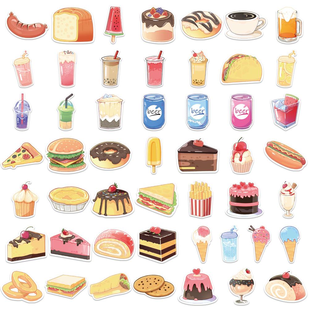 50 Hand-painted Food and Drinks Doodle Stickers Trolley Box Water Cup Diary Waterproof Diy Stickers