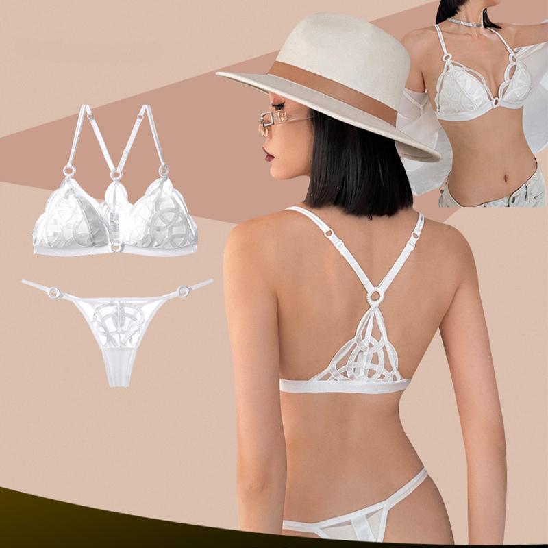 French Sexy Backless Lingerie Lace Ultra Thin Bra Set for Women Summer Triangle Soft Cup Mesh Breathable Brassiere and Thong Set
