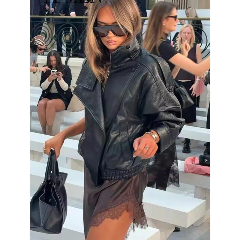 Chaquetas de Cuero para Mujer Manga Larga Botones Elásticas Abrigos Oversize Moda Otoño Invierno Streetwear