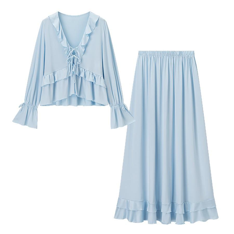 European & American Style Romantic Lace-up Ruffle Top and Long Skirt Set