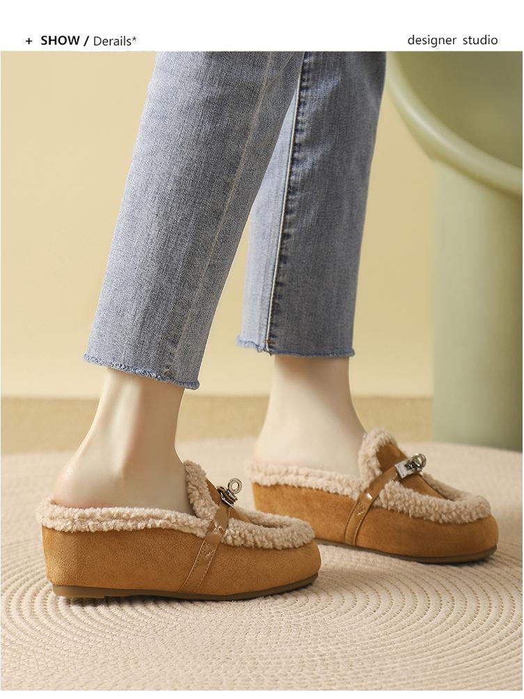 Cozy Ladylike Furry Slipper Mules with Metal Buckle & Hidden Heel - 2025 Autumn/Winter