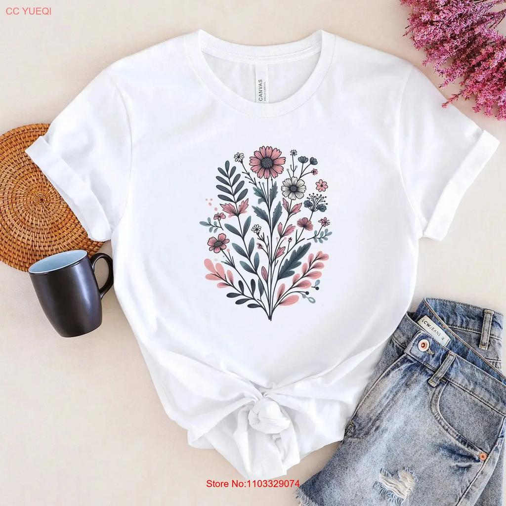 Wildflower Design T Shirt Flower Meadow Watercolor Floral Top Botanical For Her Vintage Washed Designer Clothes Graphic