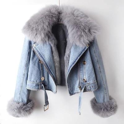Women Faux Fox Fur Collar Denim Coat Winter Jacket Female Short Warm Parkas Rabbit Hair Lining Outwear Overcoat