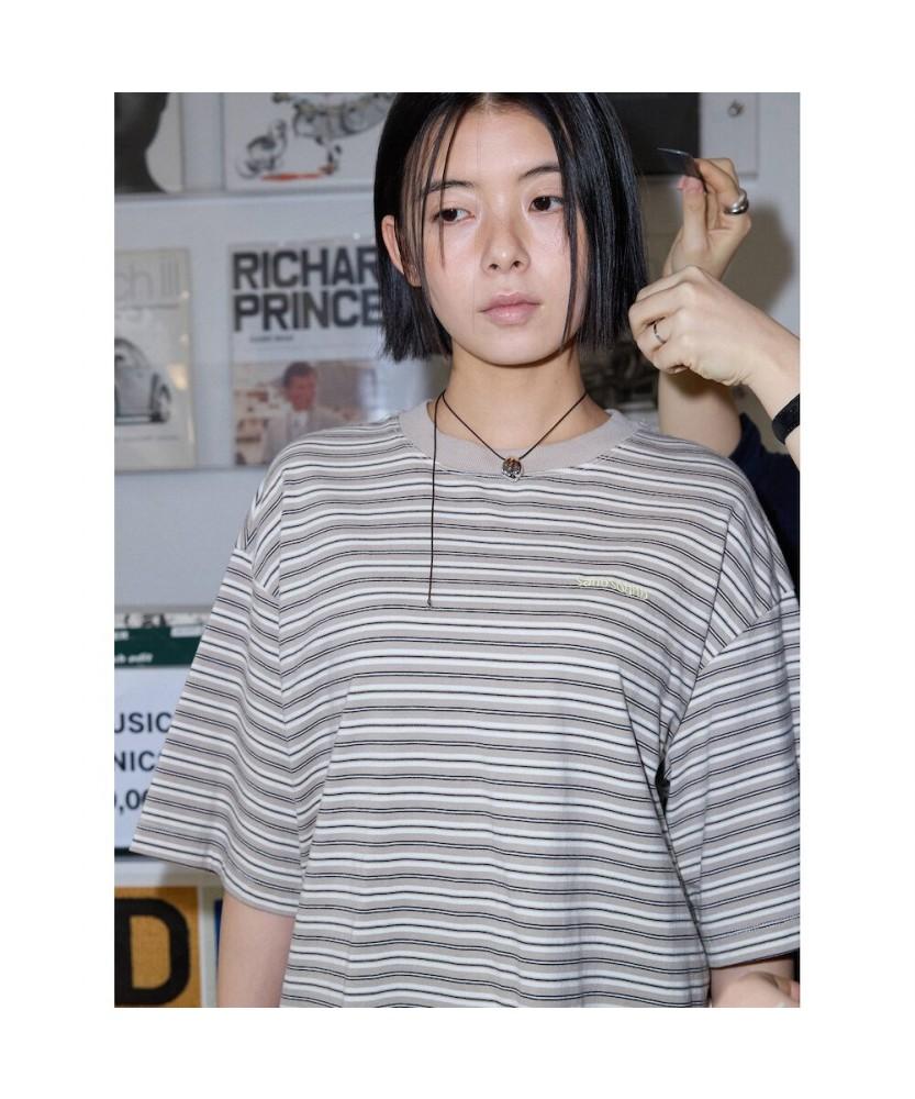 Saendeusaundeu (Unisex) Multi-Stripe Oversized Short Sleeve T-Shirt Beige