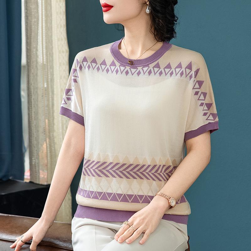 

Striped Short-Sleeve Ice Silk Knit Top for Middle-Aged Women 5XL (150-165 jin)