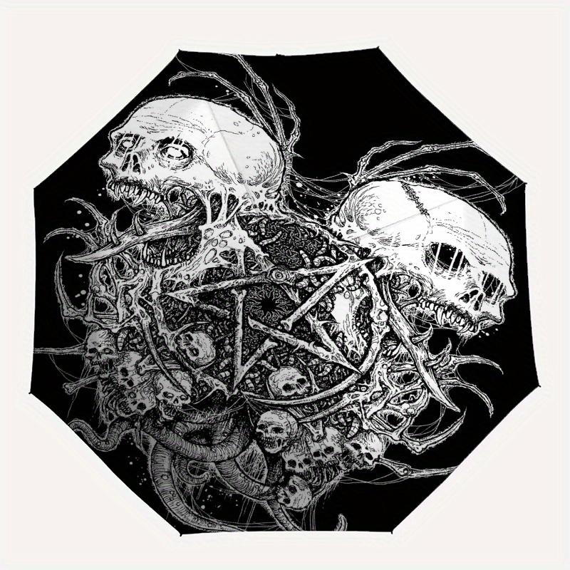 """Dunkle Gothic Totenköpfe & Pentagram Anstecknadel" Regenschirm, Süßer Regenschirm mit Süßem Design, Tragbarer 3-Fach Kompakter Regenschirm für Damen & Herren, Valentinstag Da"""