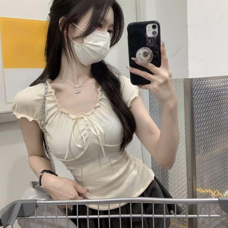 WTEMPO Brand Summer Ruffle Edge Short Sleeve Women's T-shirt Slim Short Paragraph Hundred with Inside Bow Ties Outside Tops