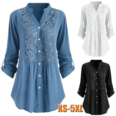 XS-5XL Plus Size Spitzenbluse Herbst & Winter Neue Mode Damen Bluse Tops V-Ausschnitt Tunika Shirts Knopf Langarmshirts