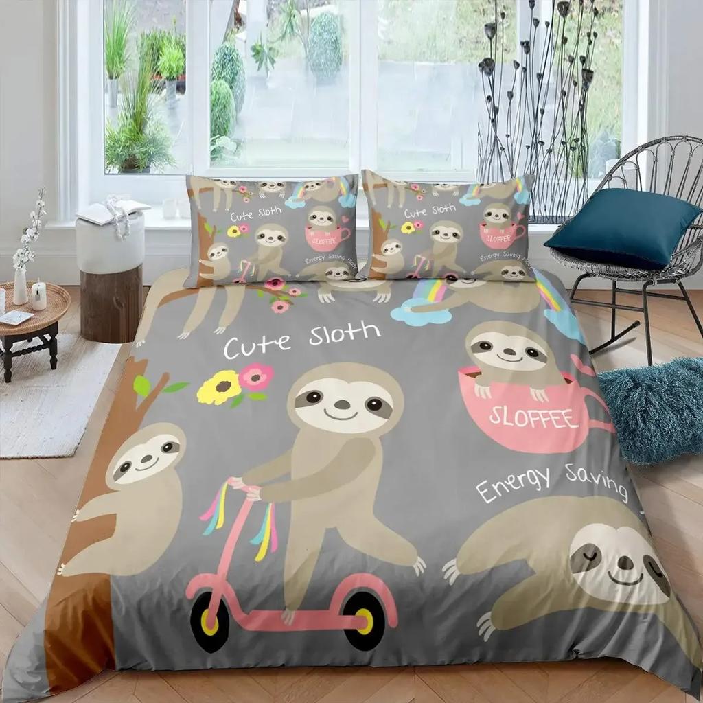 Cartoon Faultier Bettbezug Set Niedliche Tiere Bettwäsche Sets Für Jungen Mädchen Lustiges Faultier Tropische Blätter Floral Natur Steppdeckenbezug Set