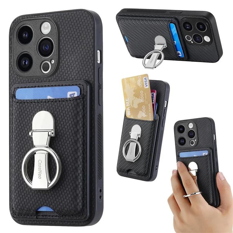 

C1-9 for iPhone 14 Pro Phone Card Case Carbon Fiber Texture Leather+TPU+PC Kickstand Cover - Black