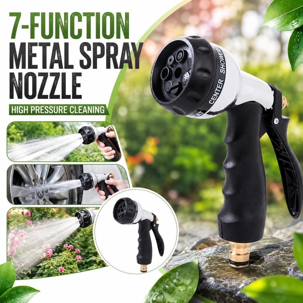 7 Function Metal Spray Nozzle High Pressure Stainless Steel Garden Hose Watering Gun with Adjustable Spray Patterns and Comfortable Handle