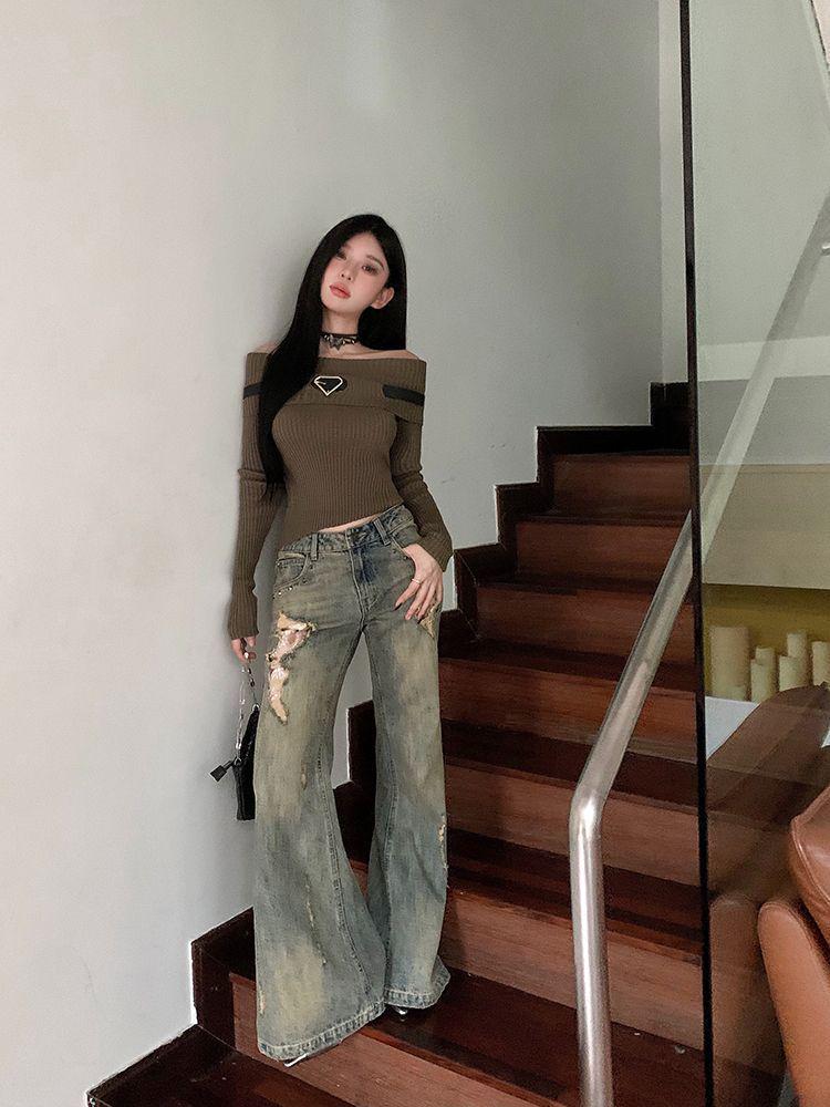 Sweet Spicy Girl One-Shoulder Knitted Top - Autumn/Winter Long Sleeve Off-Shoulder Sweater