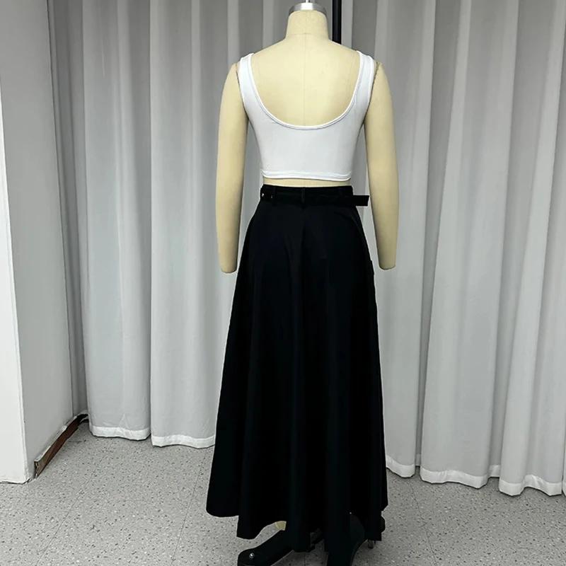 2 Piece Set Women Stylish Solid Round Neck Sleeveless High Waist Vest Slim Top Loose With Pockets Zipper Long Skirt Sets Spring Summer 2024 New