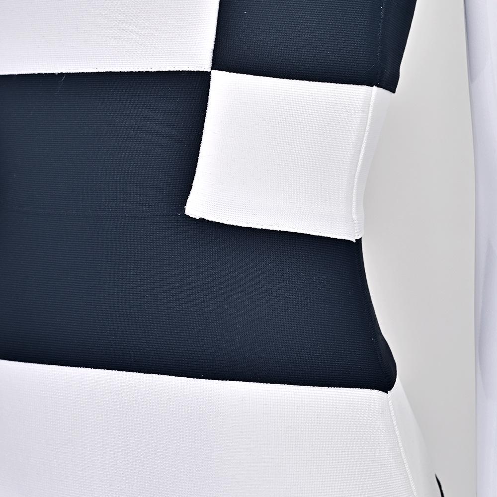 Chic Black and White Geometric Striped Mini Bandage Dress - Waist-Cinching, Hip-Hugging for Dates, Parties, and Fashion Shows.
