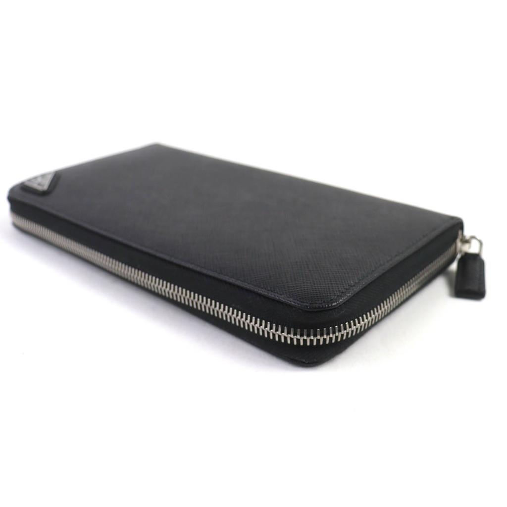 Great PRADA Triangle Logo Round Zip Long Wallet Black Safiano Leather 2ML188 Used