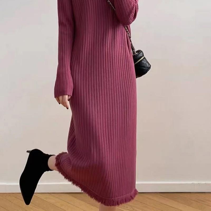 Otoño Invierno Nuevo Color Sólido Cuello Medio Alto Manga Larga Moda Vestido de Punto Mujer Alta Calle Vestidos Casuales Elegante Bata