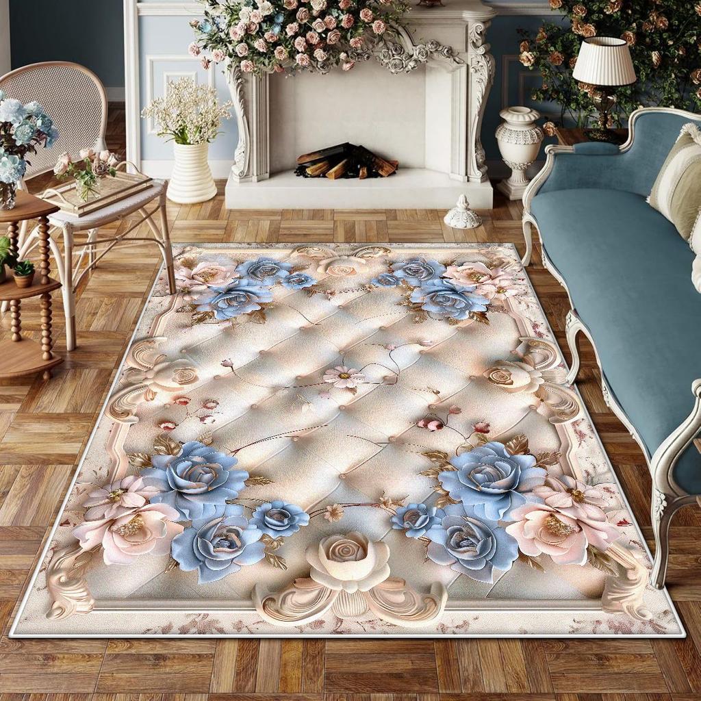 Europäischer Stil Rutschfest Großer Wohnzimmerteppich Blumendesign Raumdekoration Ästhetischer Schlafzimmerteppich Schminktischmatte Waschbar