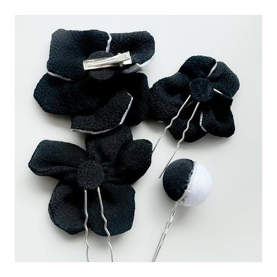 Chirimen Hair Ornaments for Coming-of-Age Ceremony, Graduation, Kimono - Tsumami Zaiku Black Silver Set with Kanzashi, Silver Balls, and Flowers