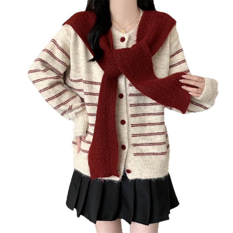 Women's Striped Knit Cardigan: Loose Fit, Round Neck Shawl, Autumn/Winter Korean Style Sweater