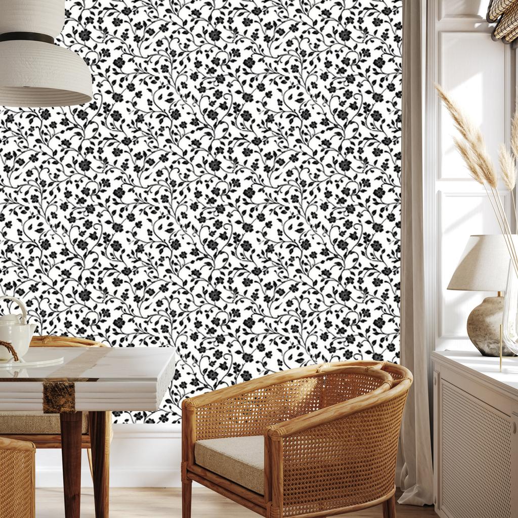 Wallpaper Black and white flowers light gray, gray and white 50x1000