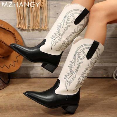 Spitze Zehenpartie Klobige Damen Mid-Calf-Stiefel Elegante Mode Mittelhohe Absätze Lederschuhe 2025 Winter Neue Markenpumps Walking Botas Mujer