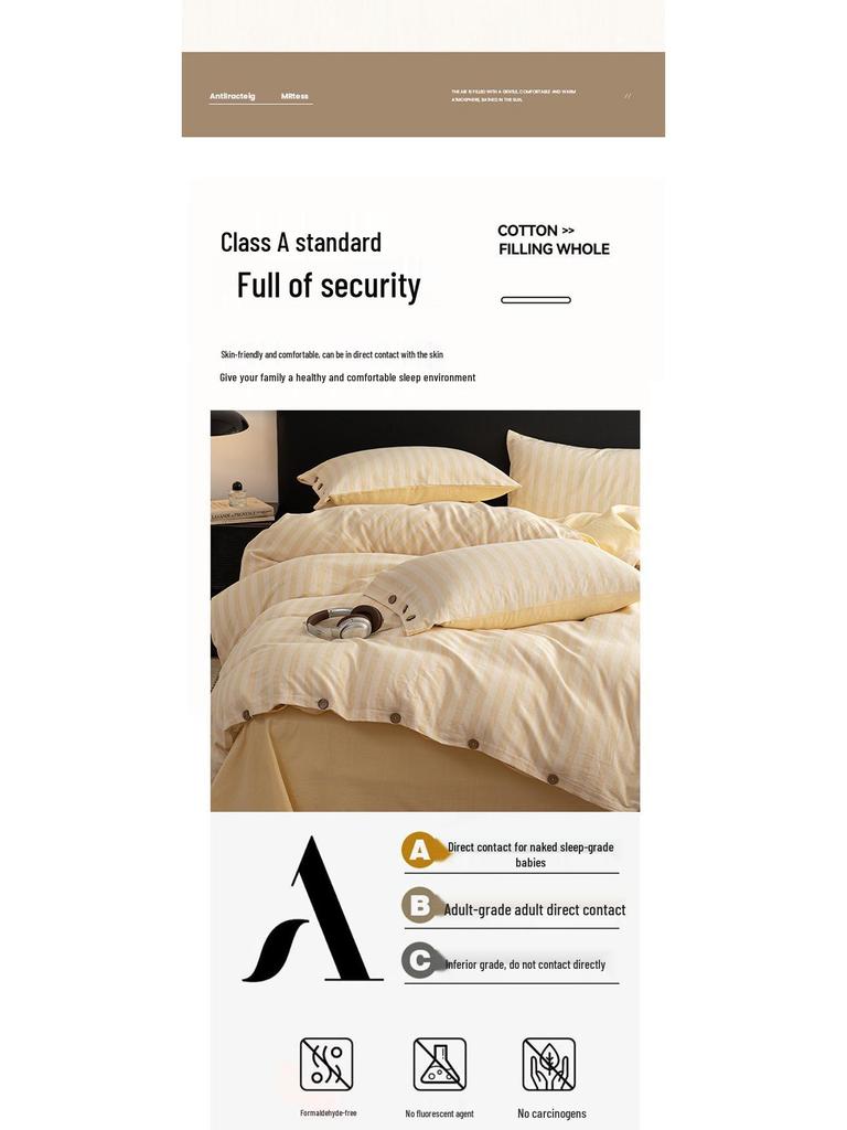 Spring/Summer Premium Cotton and Linen Four-piece Set with Buttoned Duvet Cover in Simple Stripes/Checks